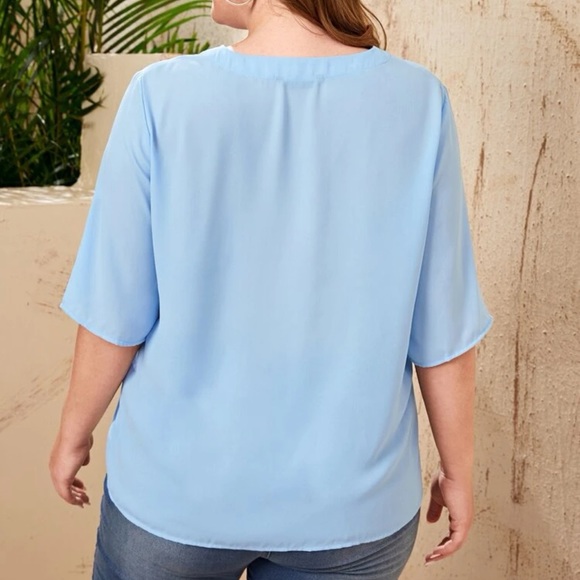 Roll tab mid length sleeves button up v neck boho blouse baby blue - Picture 2 of 14